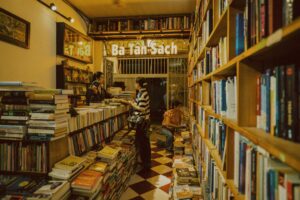 Cozy independent bookstore interior with shelves of books and reading area