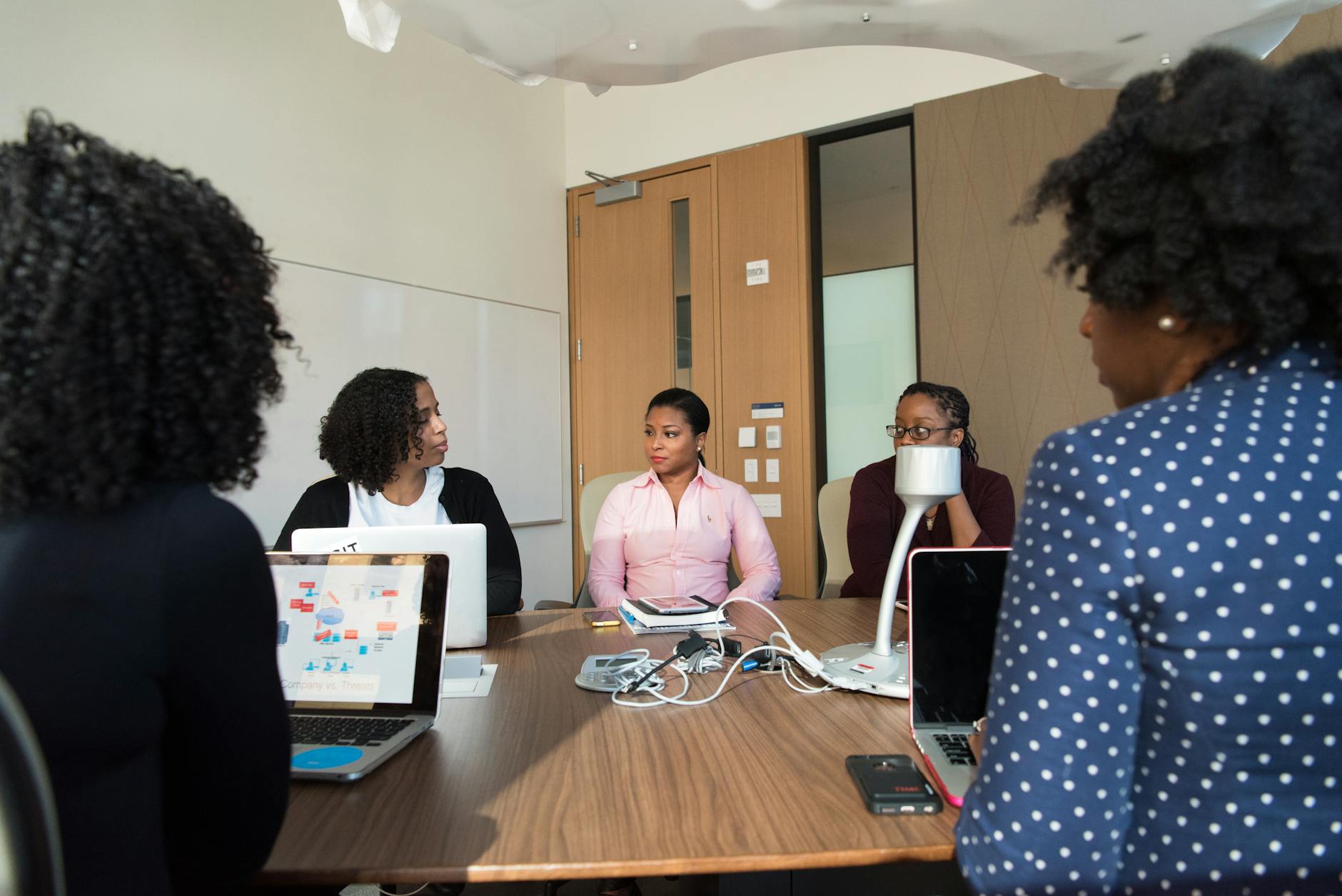 Business professionals in modern office meeting discussing employee policies