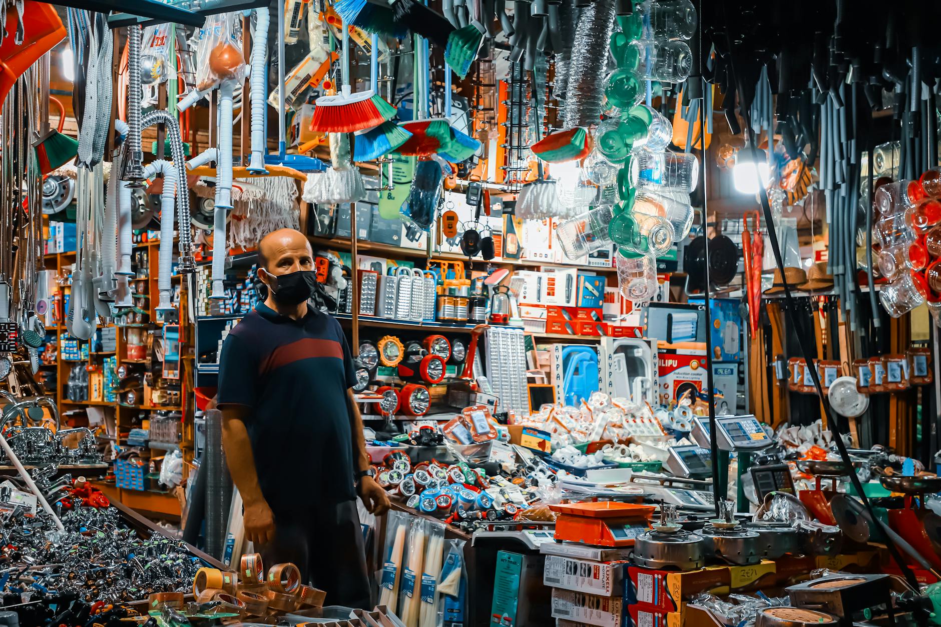 Interior view of local hardware store with tools and supplies displayed on shelves