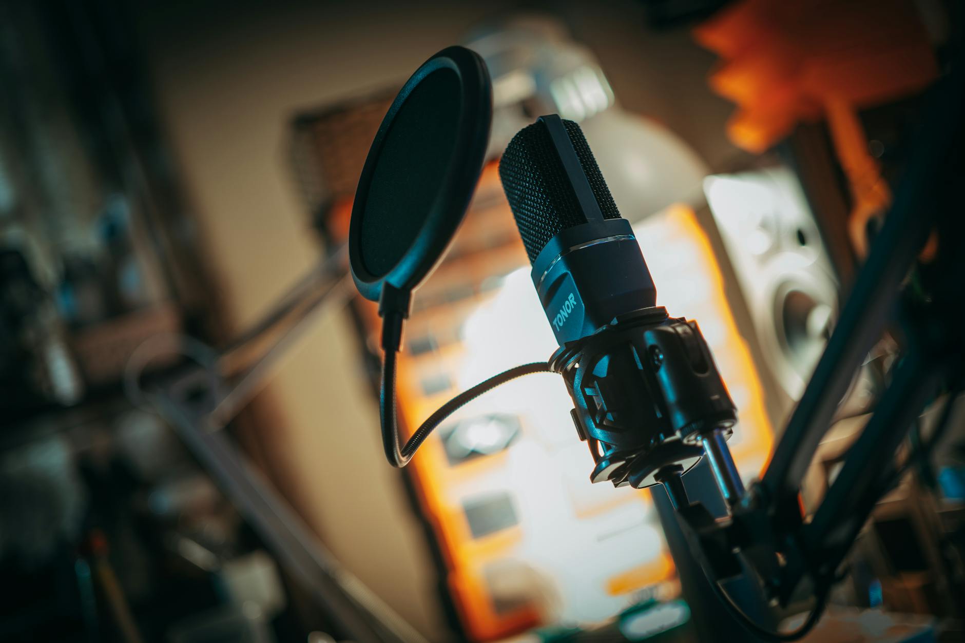 Professional microphone setup in recording studio with acoustic treatment