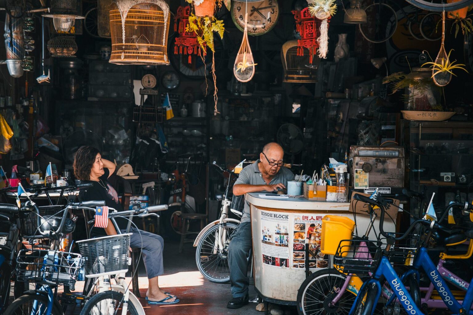 Interior of local bike shop showing bicycles displayed for sale and rental