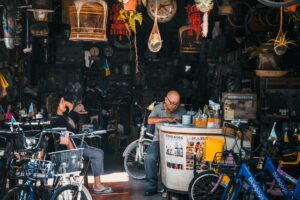Interior of local bike shop showing bicycles displayed for sale and rental