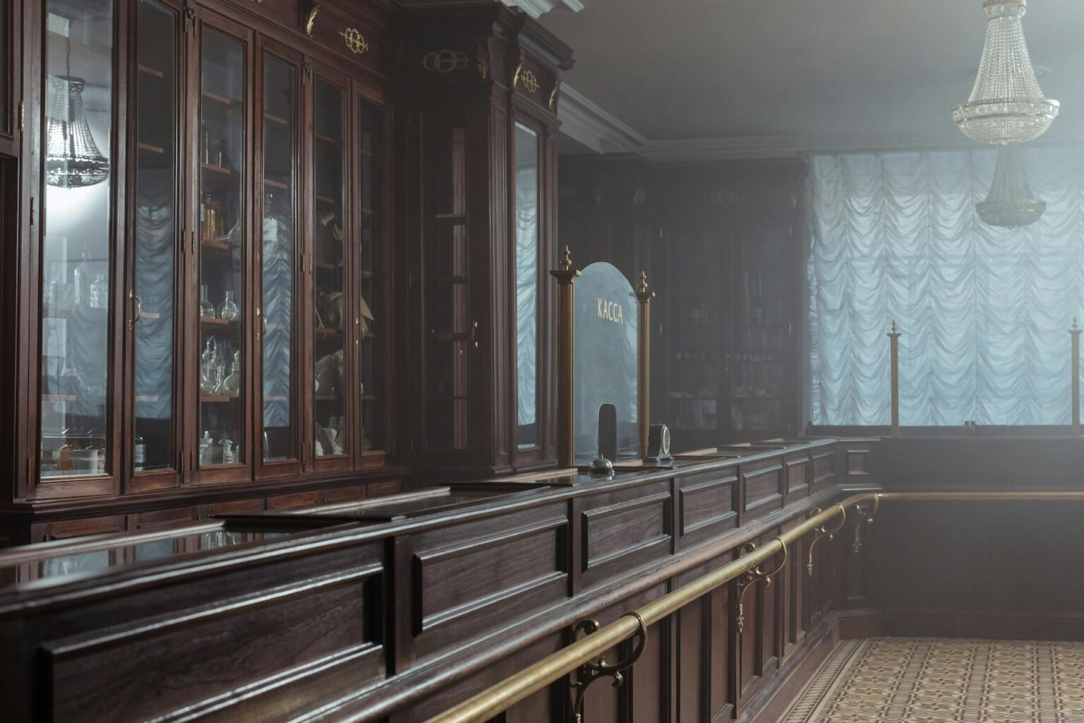 Modern pharmacy interior with prescription counter and medication shelves