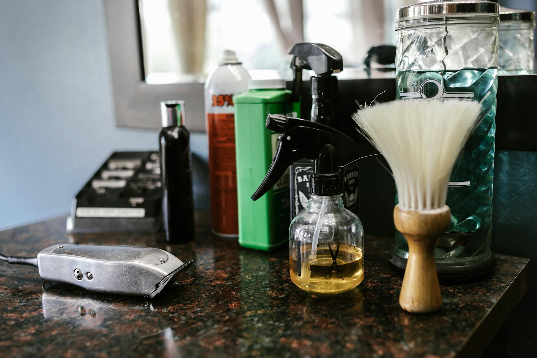 Modern barbershop interior with vintage chairs and product display shelves