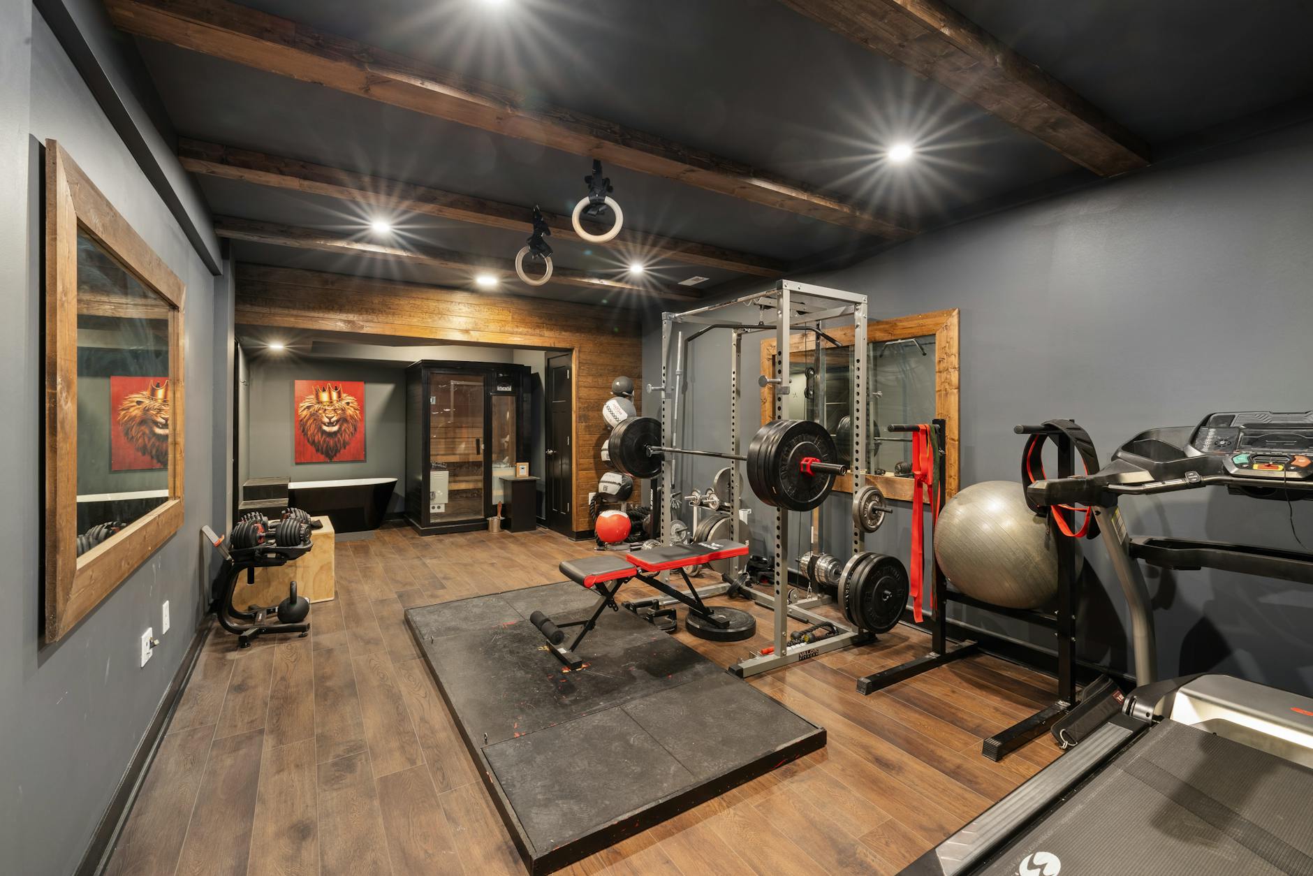 Home fitness setup with exercise equipment in modern living space