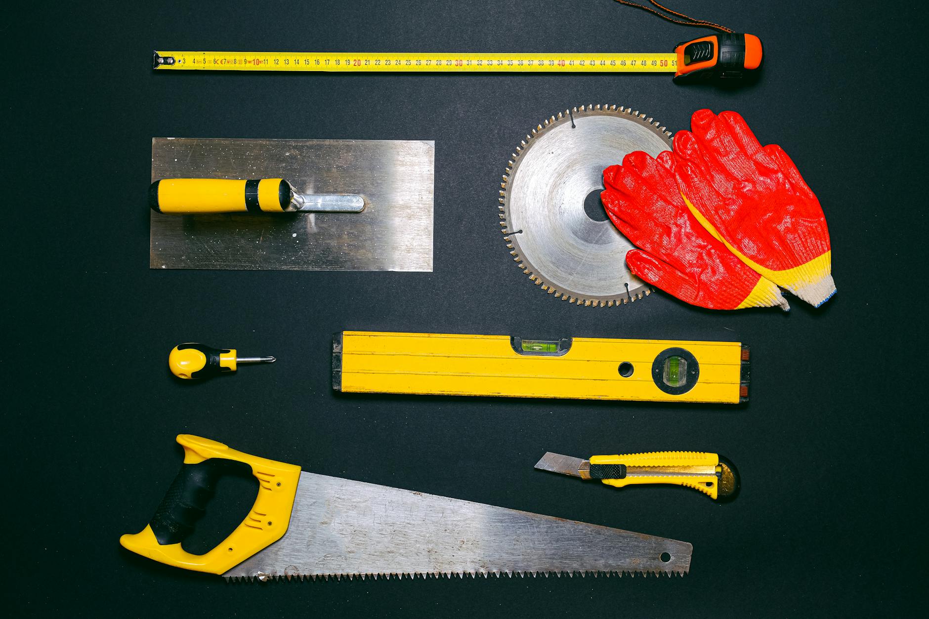 Professional construction and renovation tools arranged for rental display