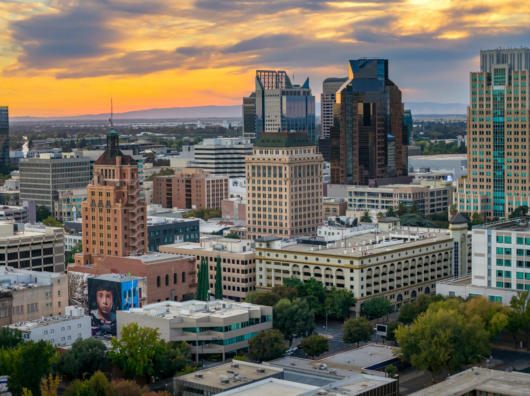 Urban downtown skyline with tall office buildings and commercial district