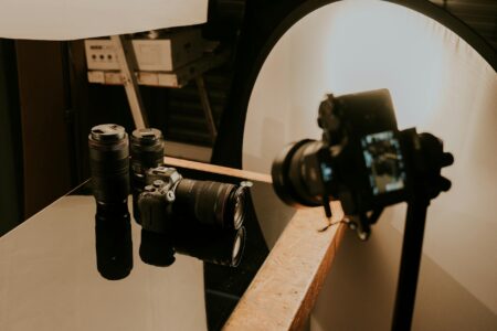 Professional photography equipment and cameras set up in a photography studio