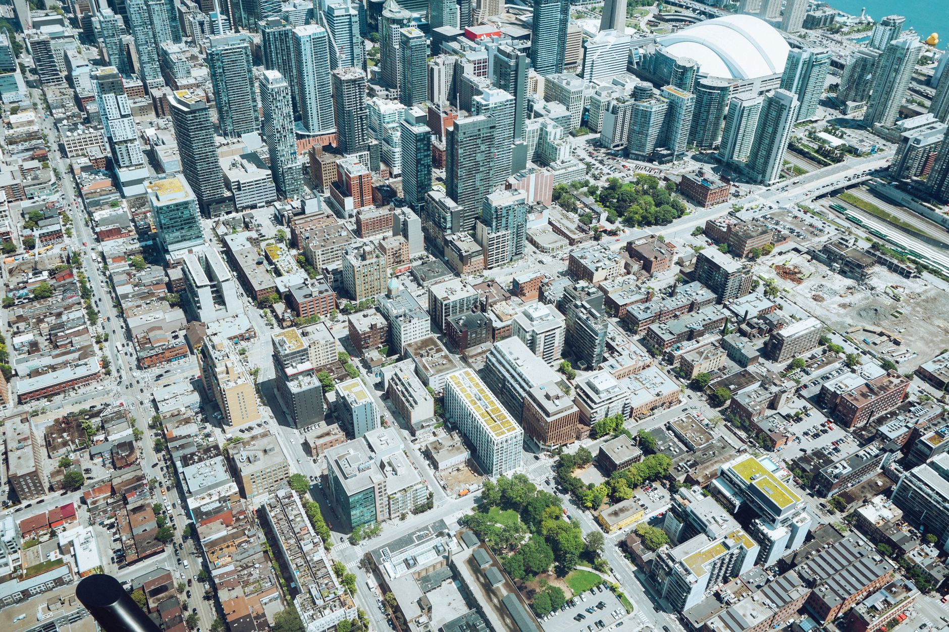 Aerial view of a major US city skyline showing commercial and residential real estate