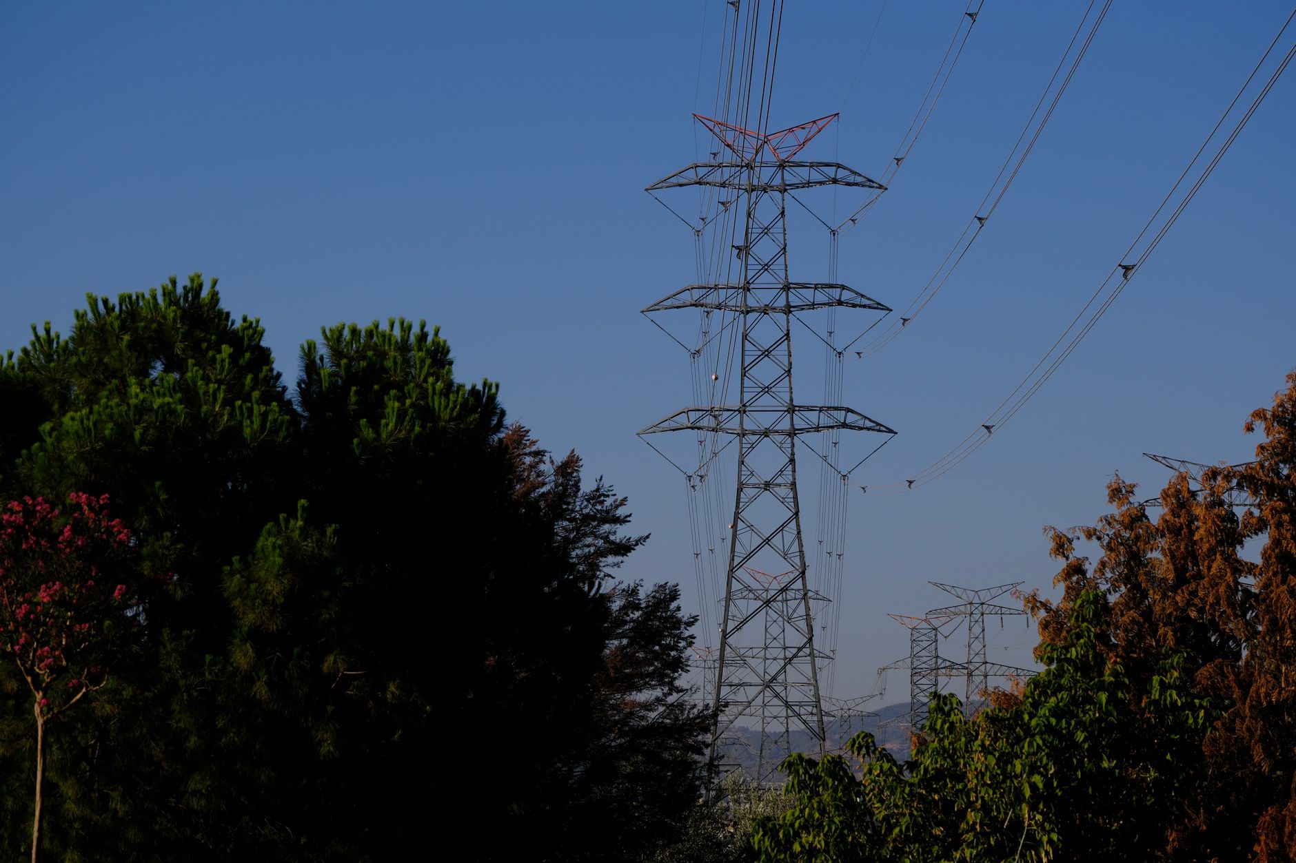 Electrical utility towers in open landscape representing regulated infrastructure assets held in closed-end funds