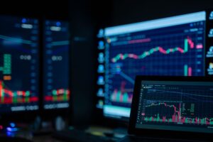 Traders monitoring fixed income markets on multiple screens in a financial office