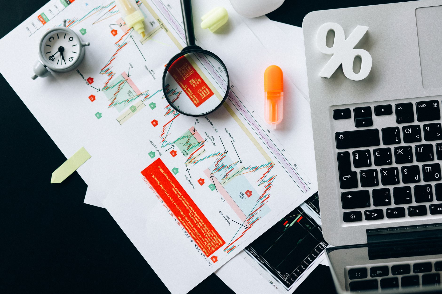 Financial charts and data on a desk representing institutional investment analysis