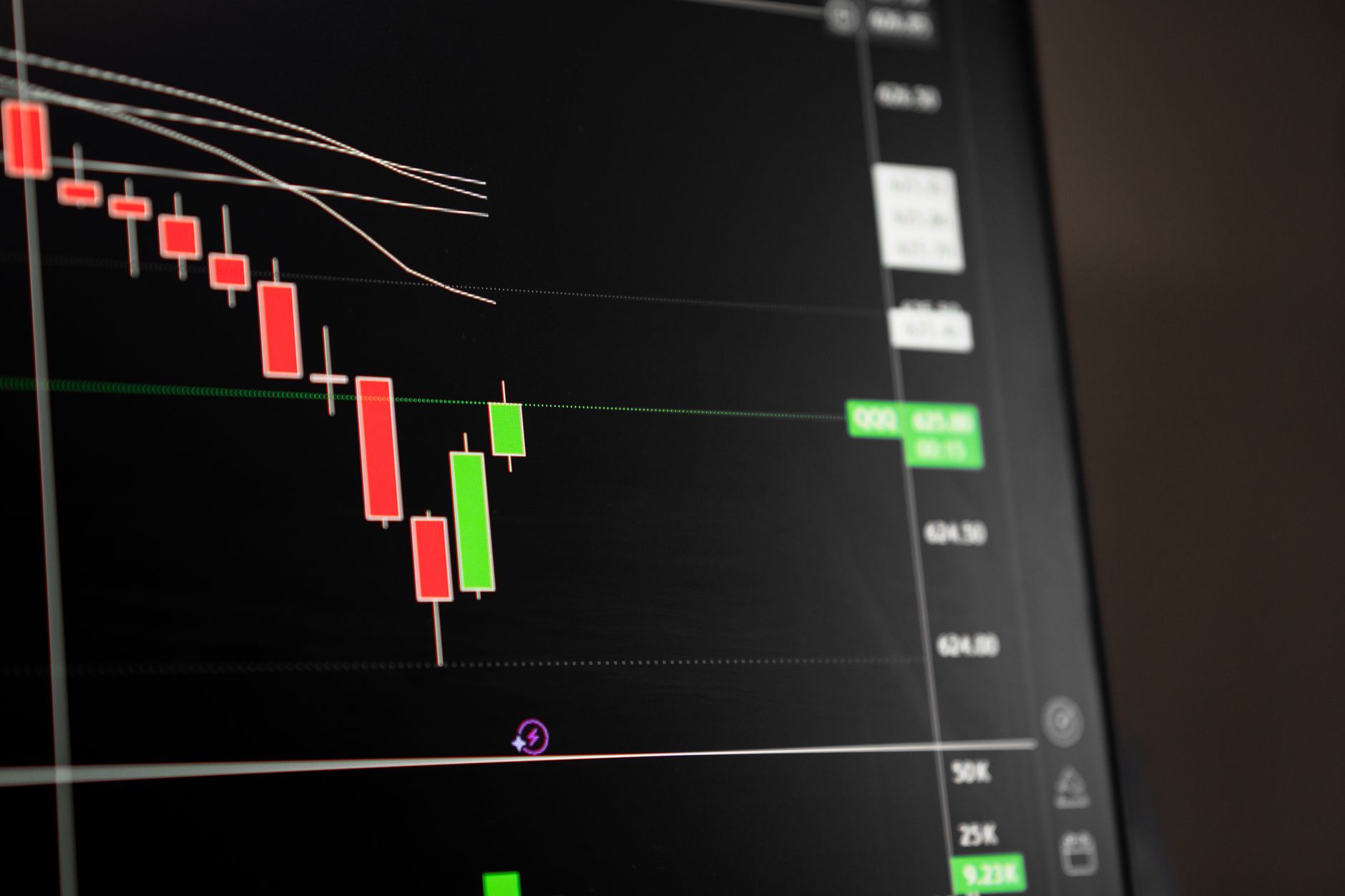 Financial market data on screens representing private equity fund performance monitoring