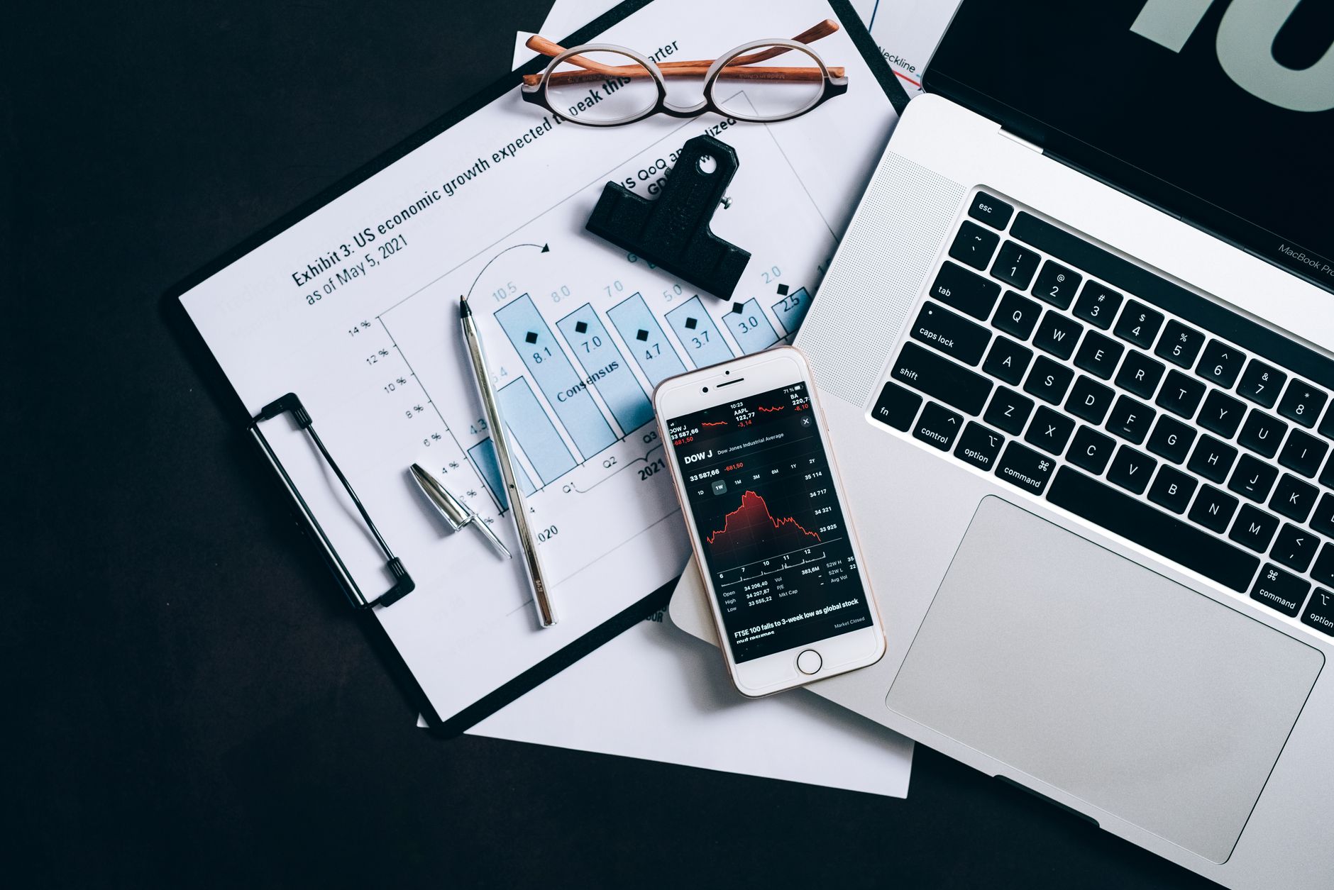 Investment portfolio charts and financial documents on a desk, representing asset allocation decisions
