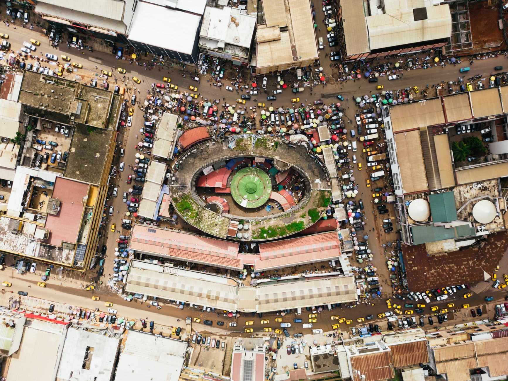 Aerial view of a dense emerging market city financial district